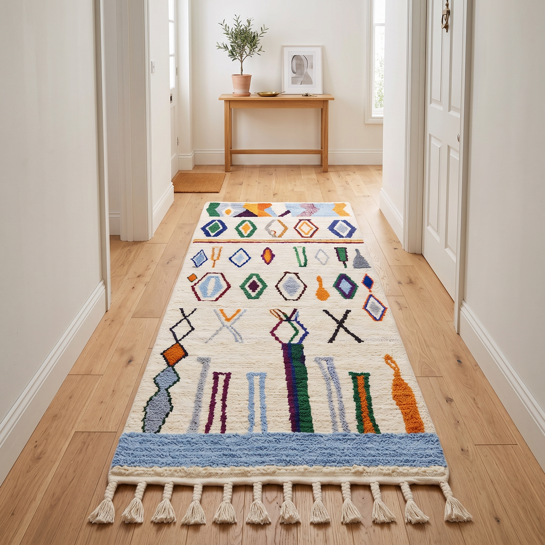 Colorful Moroccan runner rug with Berber diamond and tribal motifs