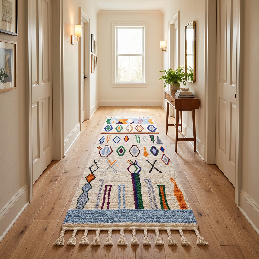 Colorful Moroccan runner rug with Berber diamond and tribal motifs