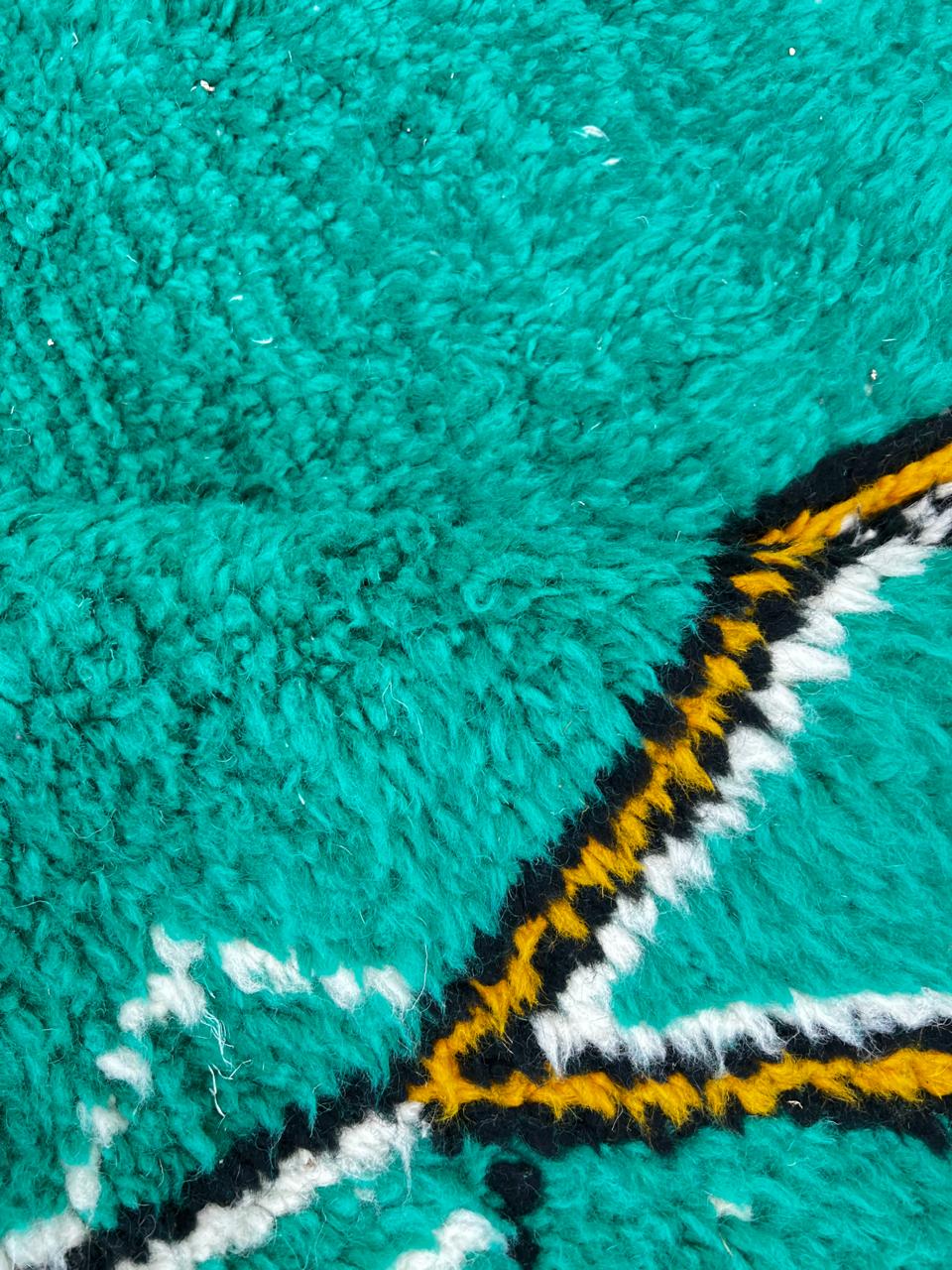 Teal Moroccan runner rug with geometric Berber pattern, handmade wool carpet with modern tribal design