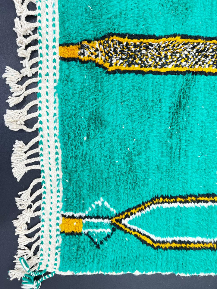 Teal Moroccan runner rug with geometric Berber pattern, handmade wool carpet with modern tribal design