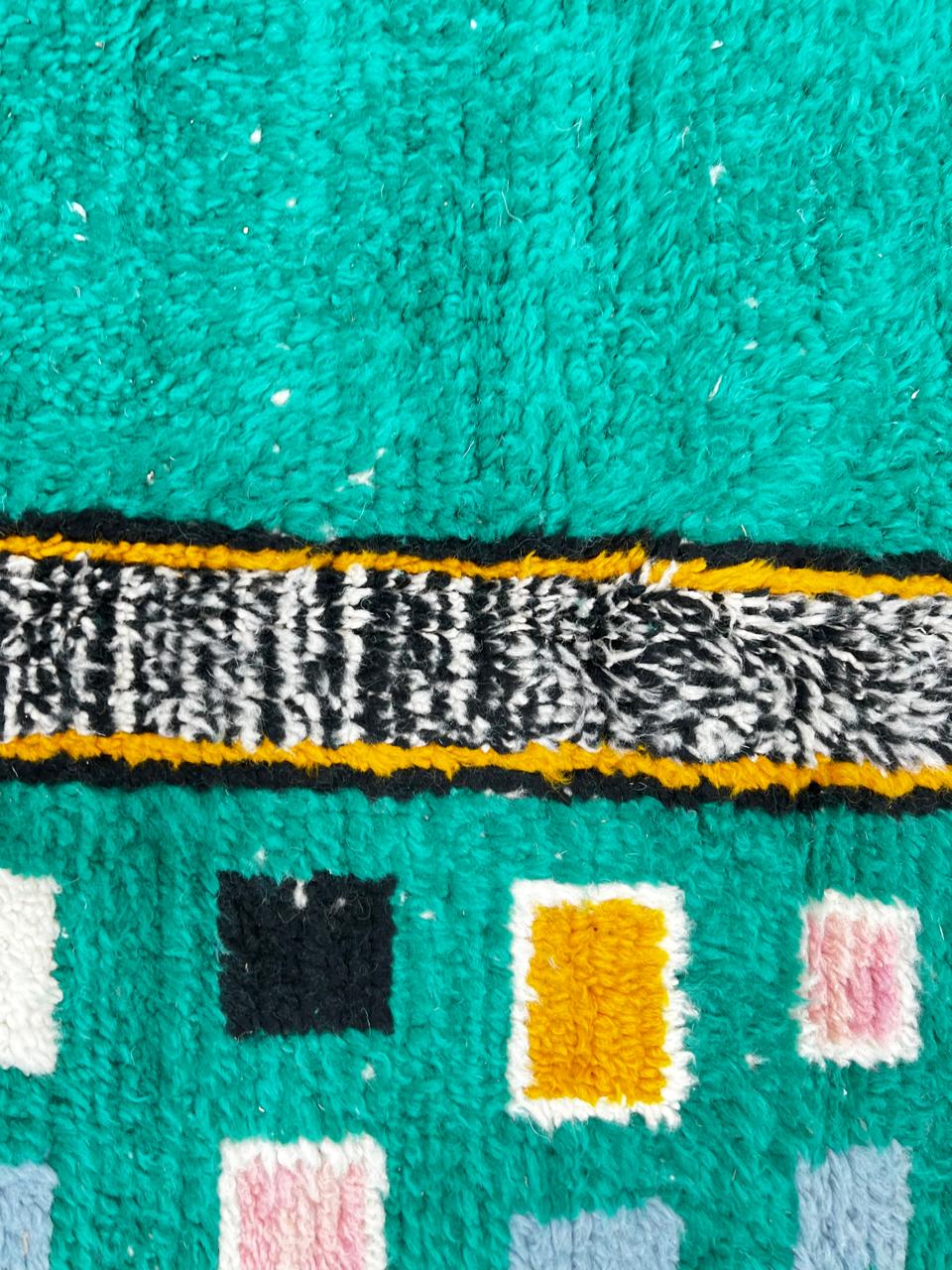 Teal Moroccan runner rug with geometric Berber pattern, handmade wool carpet with modern tribal design