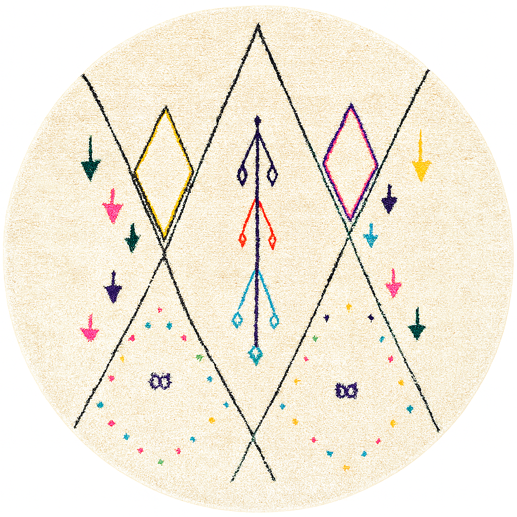 White round Moroccan wool rug with colorful tribal and geometric motifs.