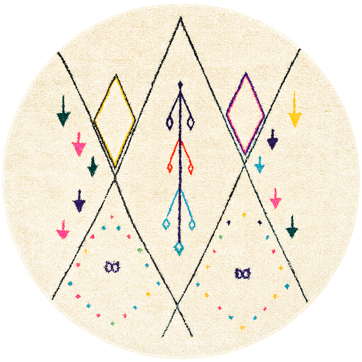 White round Moroccan wool rug with colorful tribal and geometric motifs.