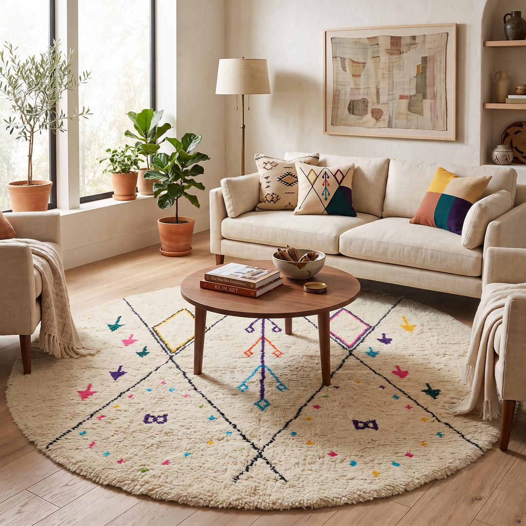 White round Moroccan wool rug with colorful tribal and geometric motifs.