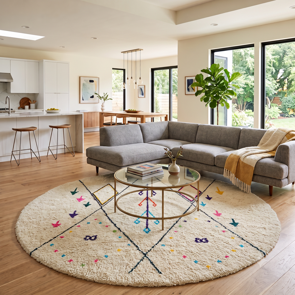 White round Moroccan wool rug with colorful tribal and geometric motifs.