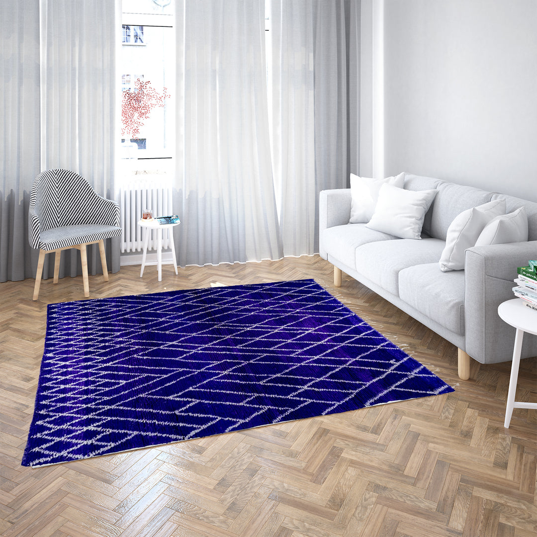 Handmade blue Moroccan rug with white diamond lattice – Beni Ourain wool carpet