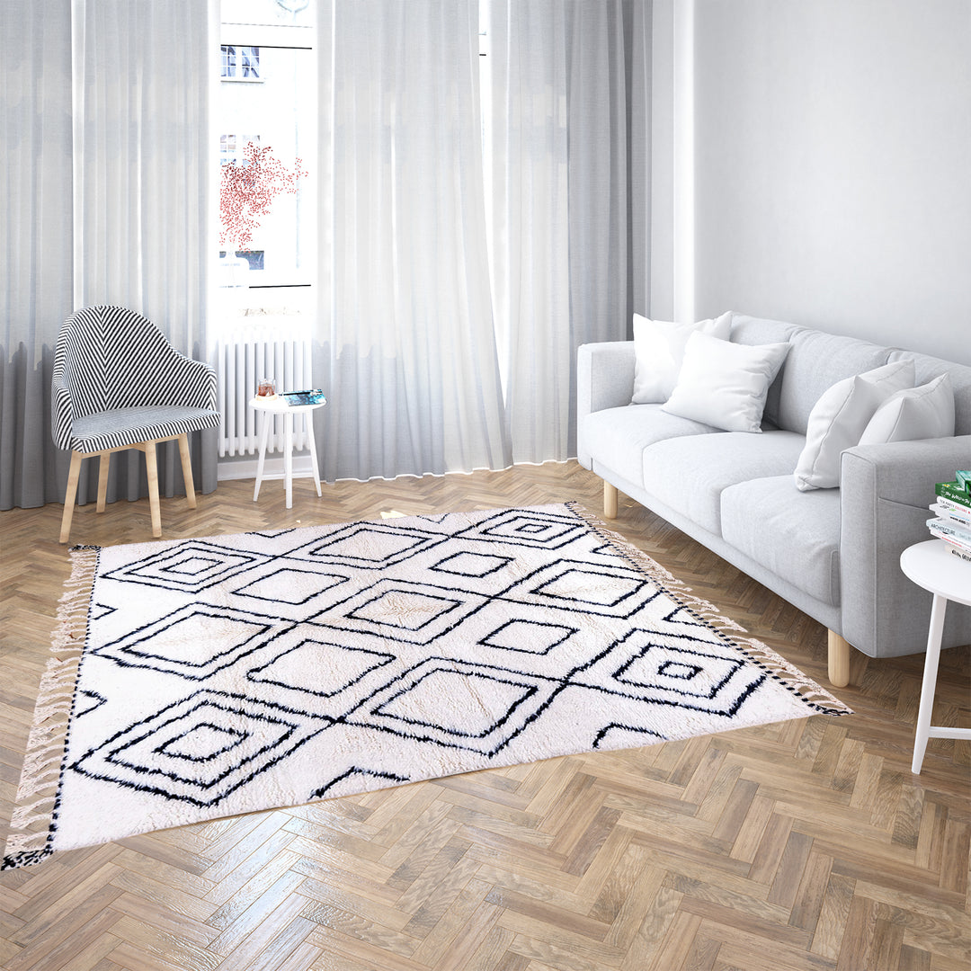 Handwoven Beni Ourain Moroccan runner rug with black diamond pattern on natural wool