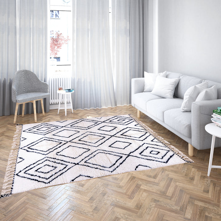 Handwoven Beni Ourain Moroccan runner rug with black diamond pattern on natural wool