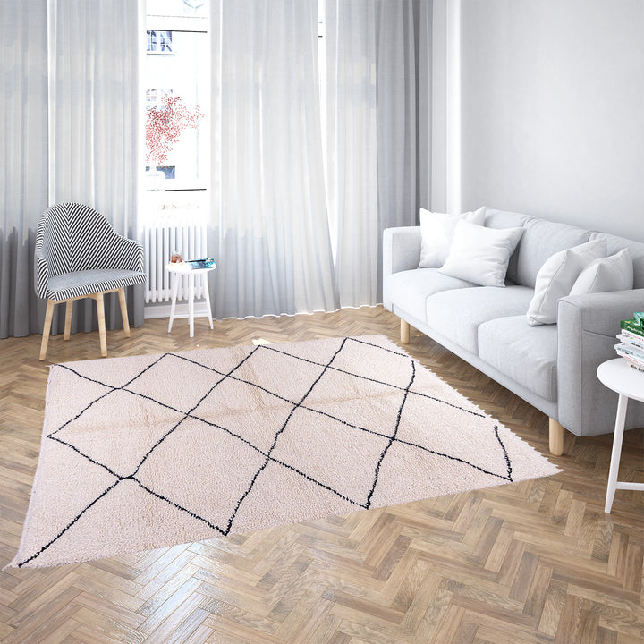 Hand-knotted Beni Ourain Moroccan rug with black diamond lines on ivory wool – handmade Berber carpet