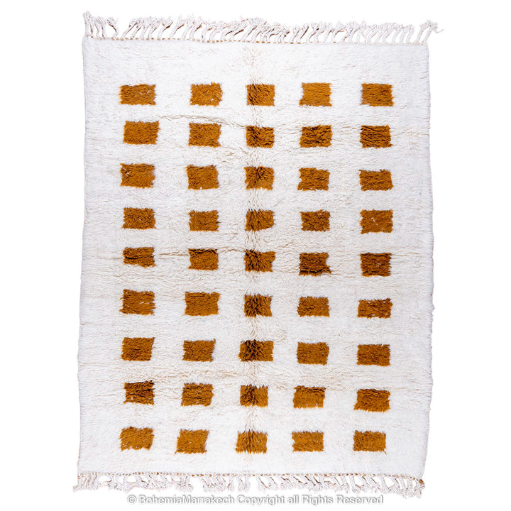 Handmade Moroccan rug with brown checkered pattern on white wool background
