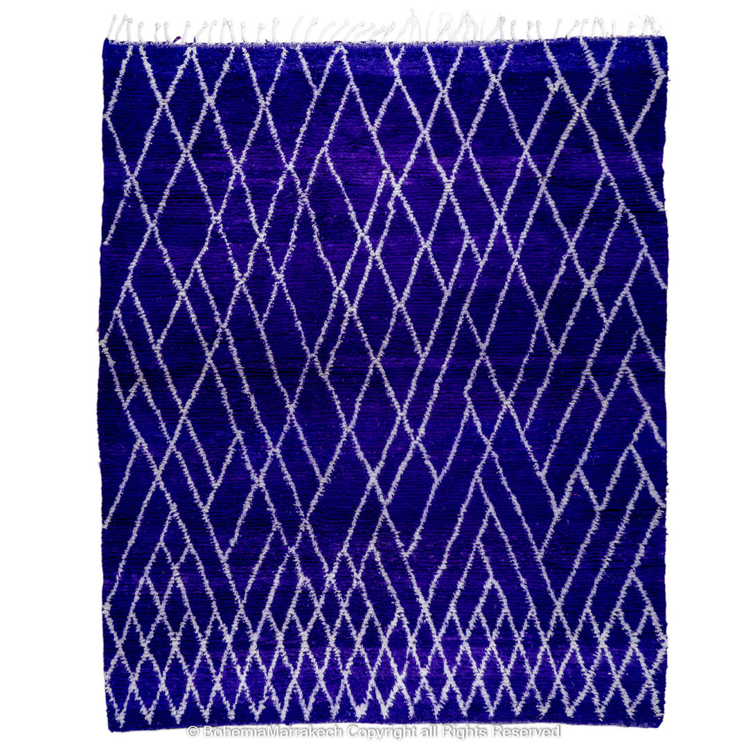 Handmade blue Moroccan rug with white diamond lattice – Beni Ourain wool carpet
