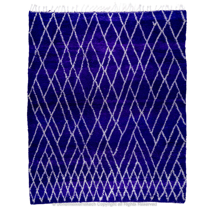Handmade blue Moroccan rug with white diamond lattice – Beni Ourain wool carpet