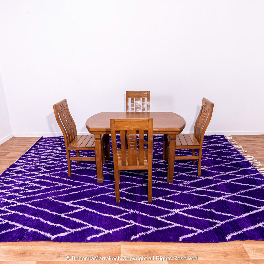 Handmade blue Moroccan rug with white diamond lattice – Beni Ourain wool carpet