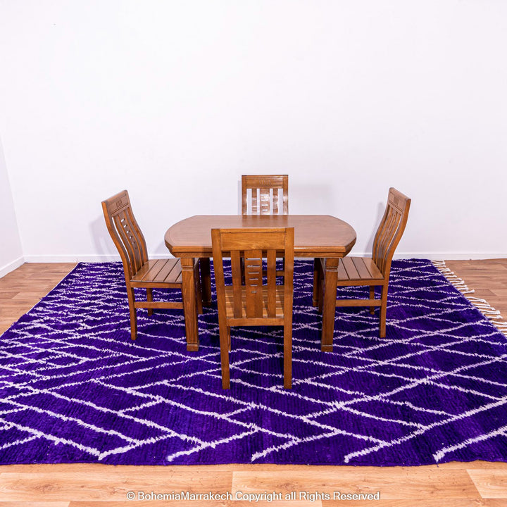 Handmade blue Moroccan rug with white diamond lattice – Beni Ourain wool carpet