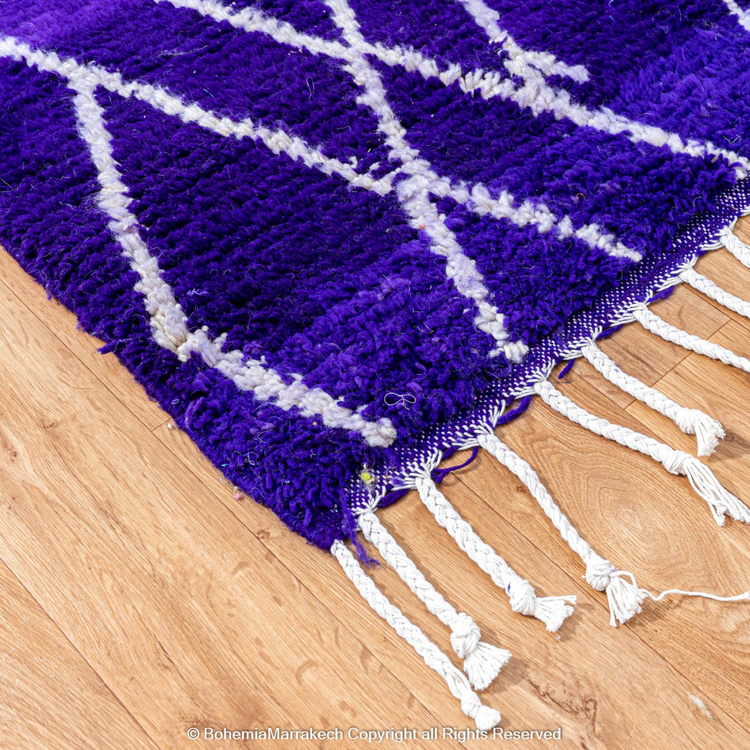 Handmade blue Moroccan rug with white diamond lattice – Beni Ourain wool carpet
