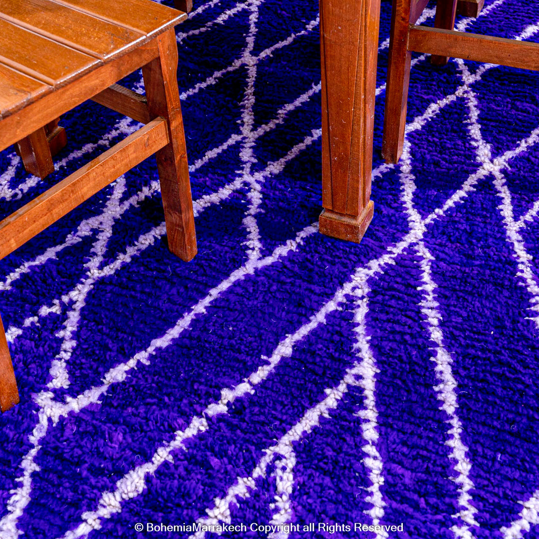 Handmade blue Moroccan rug with white diamond lattice – Beni Ourain wool carpet