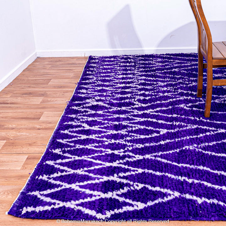 Handmade blue Moroccan rug with white diamond lattice – Beni Ourain wool carpet