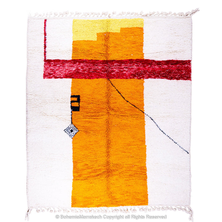 Handwoven Moroccan rug in orange, red, and white color blocks with symbolic Berber motif and soft wool texture