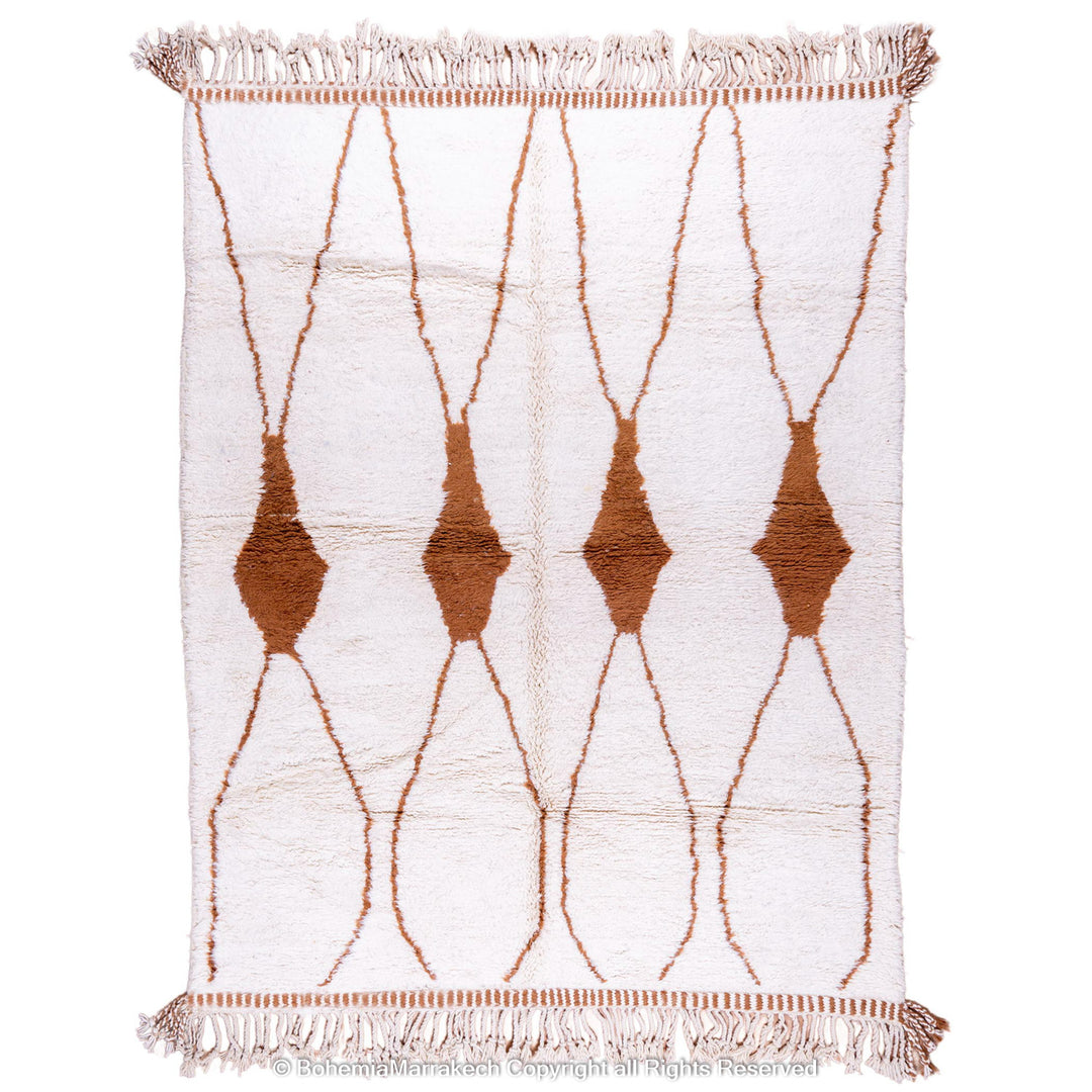 Hand-knotted Moroccan Beni Ourain wool rug with abstract brown Berber motifs on a white background