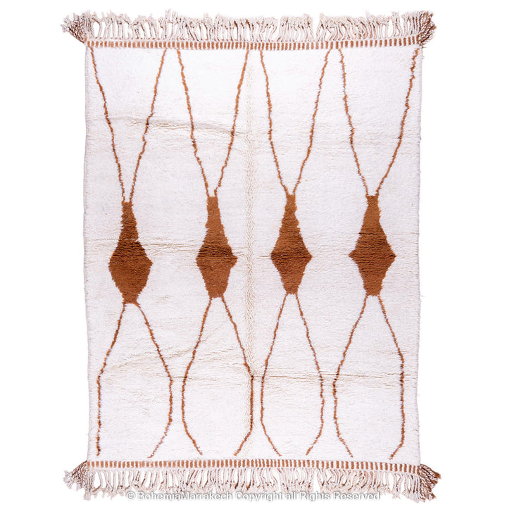 Hand-knotted Moroccan Beni Ourain wool rug with abstract brown Berber motifs on a white background