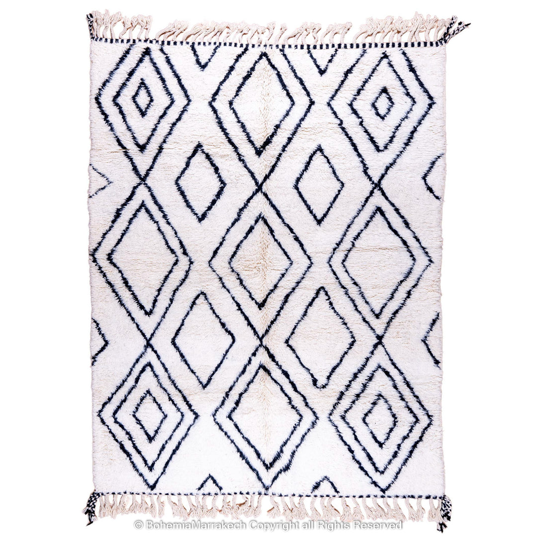 Handwoven Beni Ourain Moroccan runner rug with black diamond pattern on natural wool