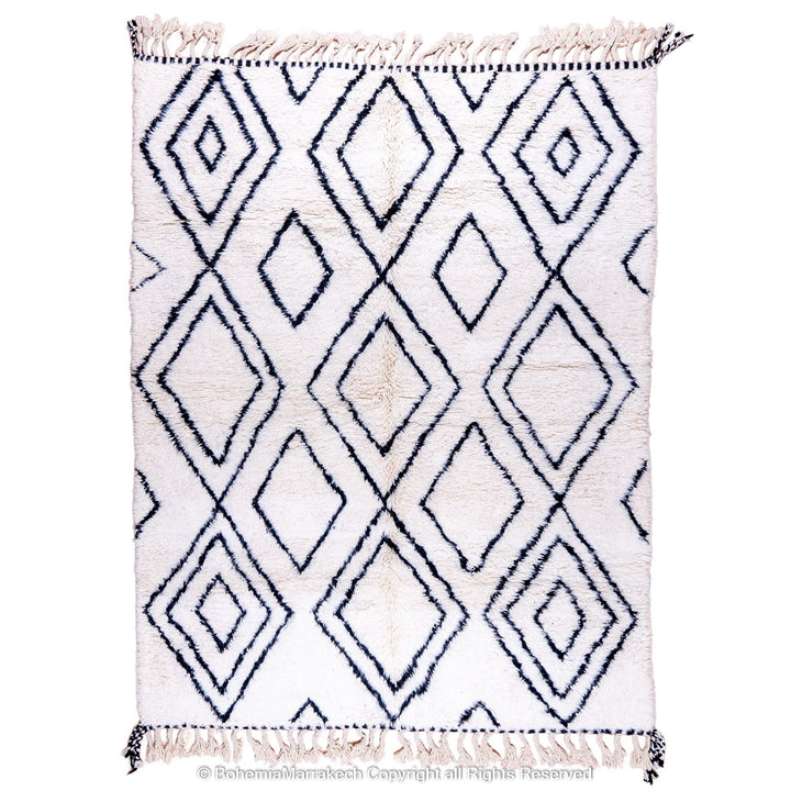 Handwoven Beni Ourain Moroccan runner rug with black diamond pattern on natural wool