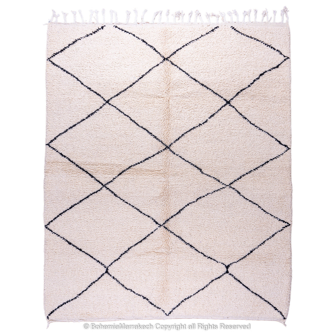 Hand-knotted Beni Ourain Moroccan rug with black diamond lines on ivory wool – handmade Berber carpet