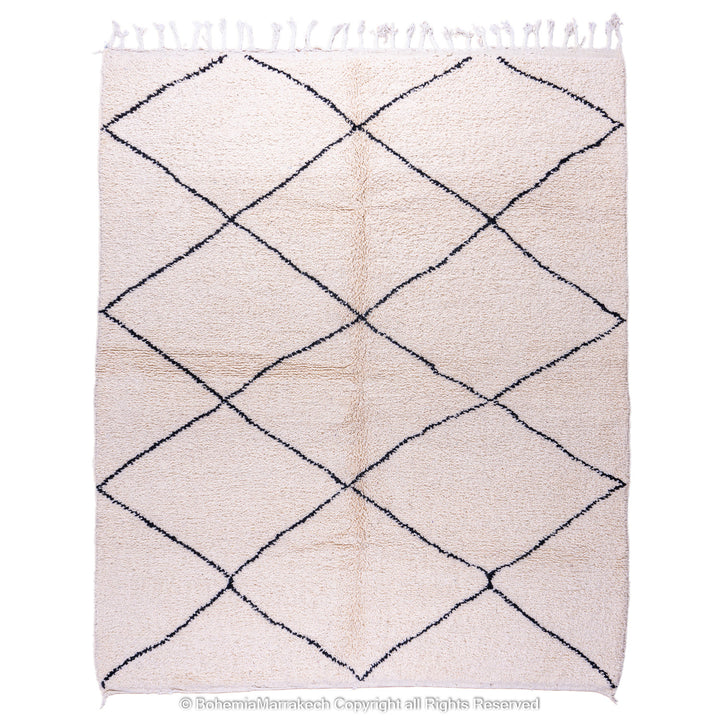Hand-knotted Beni Ourain Moroccan rug with black diamond lines on ivory wool – handmade Berber carpet