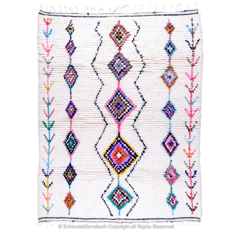 Handwoven colorful Moroccan rug with Berber diamond motifs on white wool base