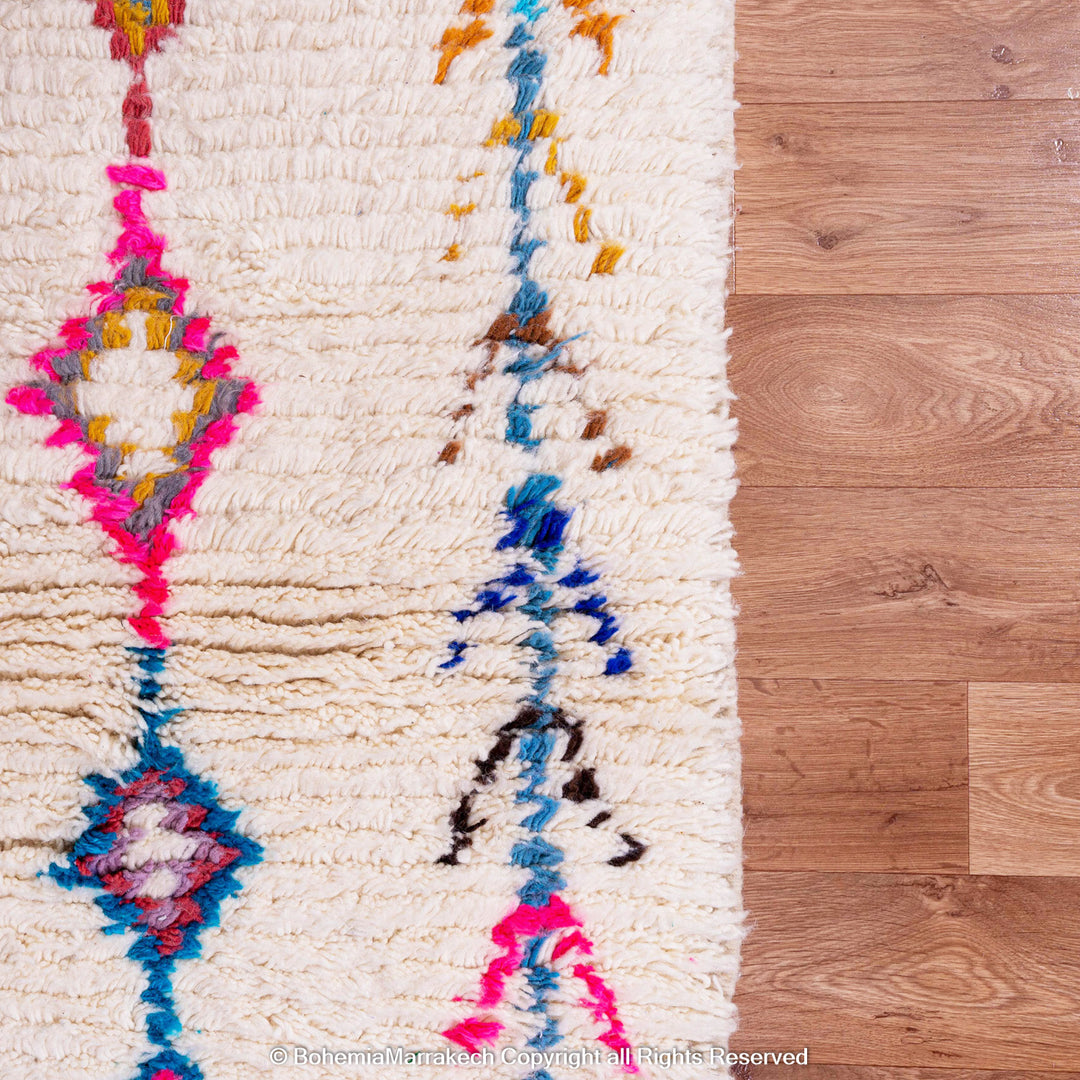 Colorful Moroccan wool shag rug in Berber tribal design, handmade in Morocco