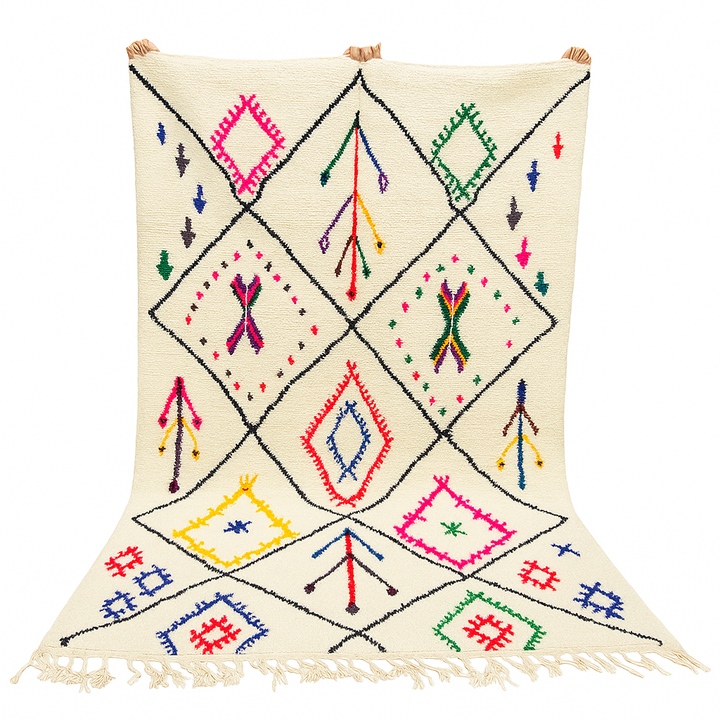 Multicolor Moroccan wool rug with ivory base and colorful Berber diamond patterns
