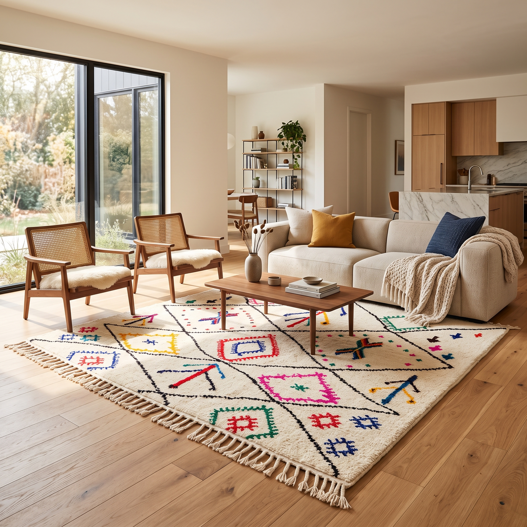 Multicolor Moroccan wool rug with ivory base and colorful Berber diamond patterns