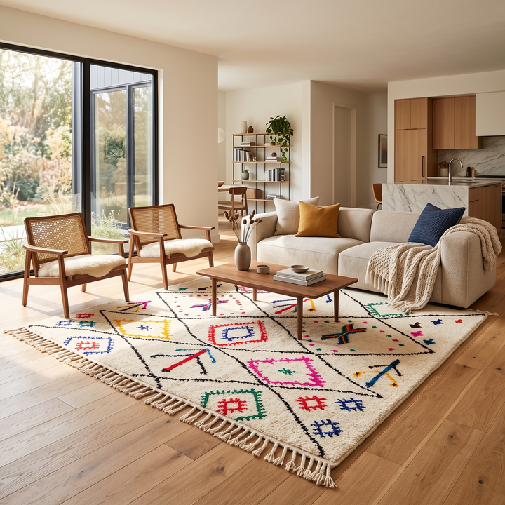 Multicolor Moroccan wool rug with ivory base and colorful Berber diamond patterns