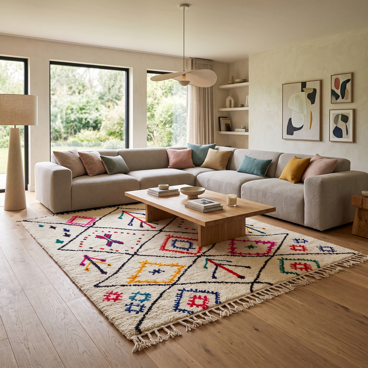 Multicolor Moroccan wool rug with ivory base and colorful Berber diamond patterns