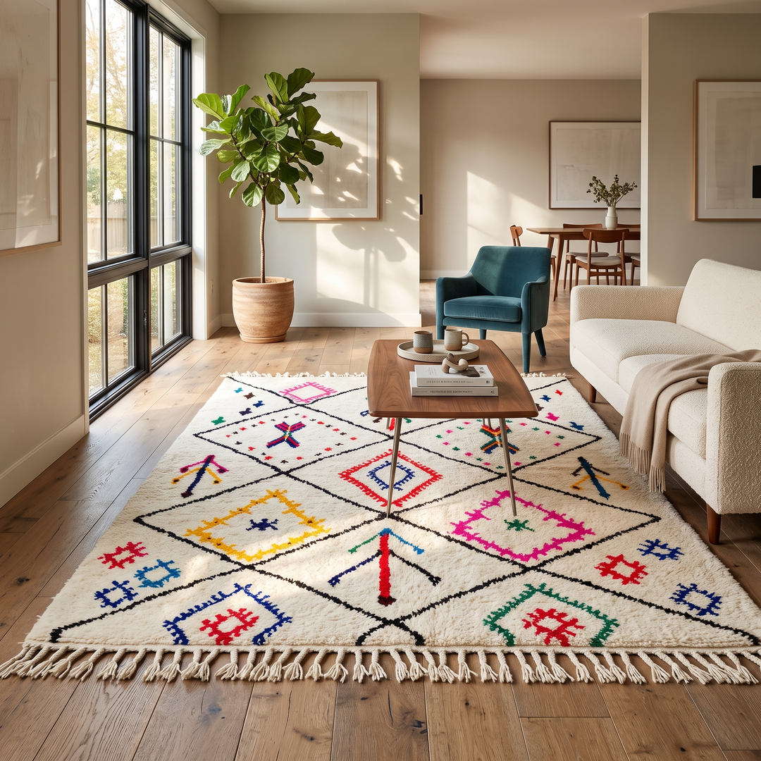 Multicolor Moroccan wool rug with ivory base and colorful Berber diamond patterns