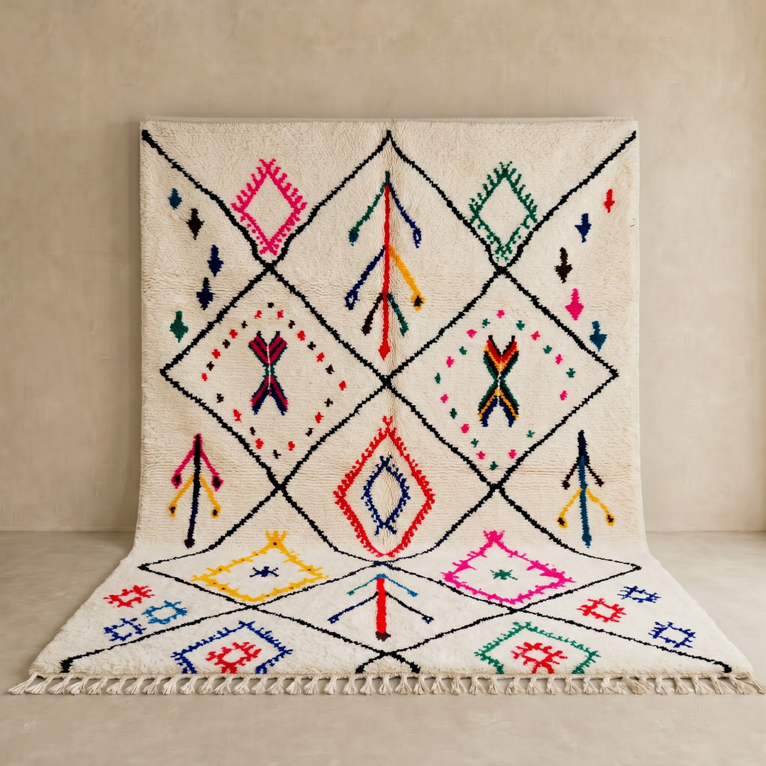 Multicolor Moroccan wool rug with ivory base and colorful Berber diamond patterns
