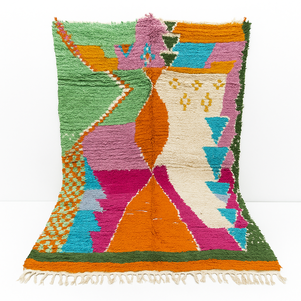 Handwoven multicolor Moroccan wool rug with orange, pink, green, and blue abstract geometric design