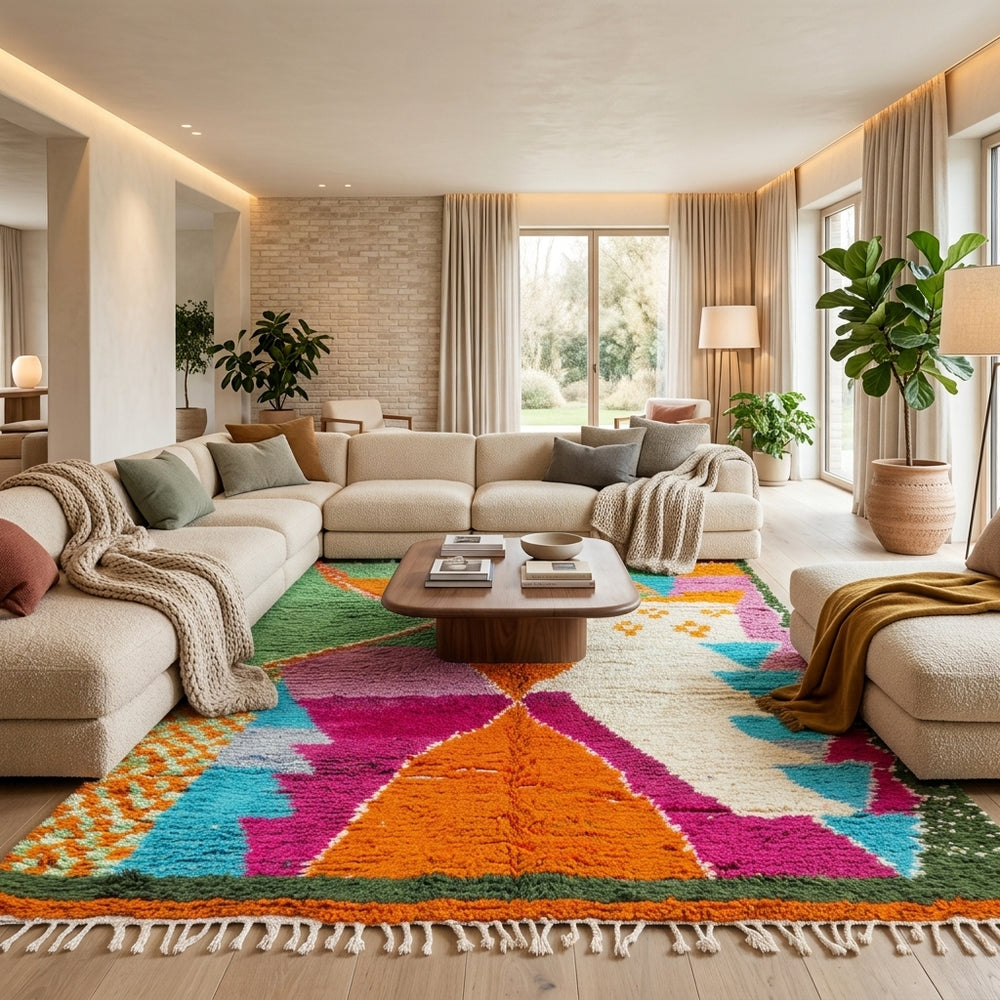 Handwoven multicolor Moroccan wool rug with orange, pink, green, and blue abstract geometric design
