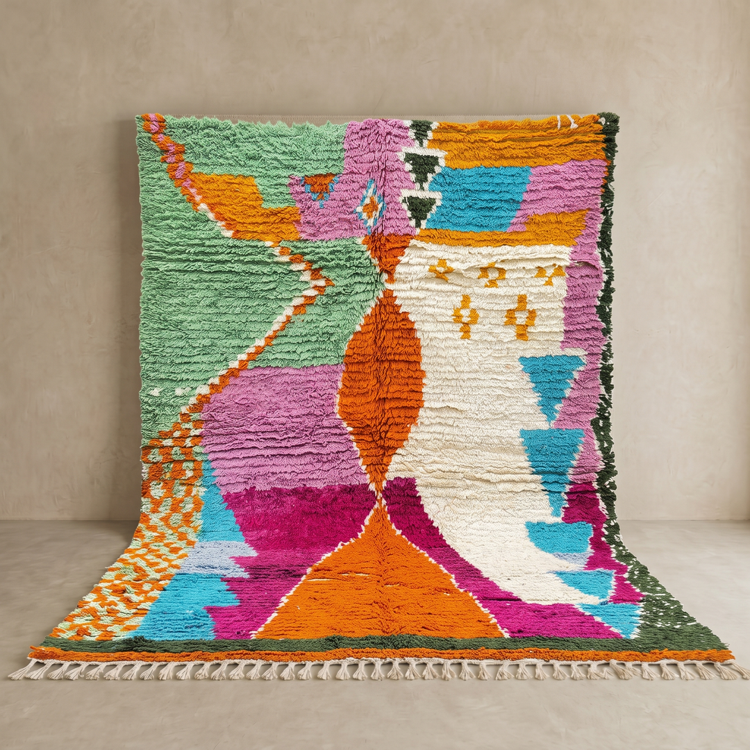 Handwoven multicolor Moroccan wool rug with orange, pink, green, and blue abstract geometric design
