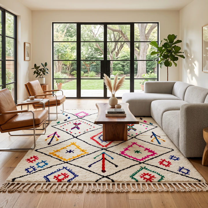 Multicolor Moroccan wool rug with ivory base and colorful Berber diamond patterns