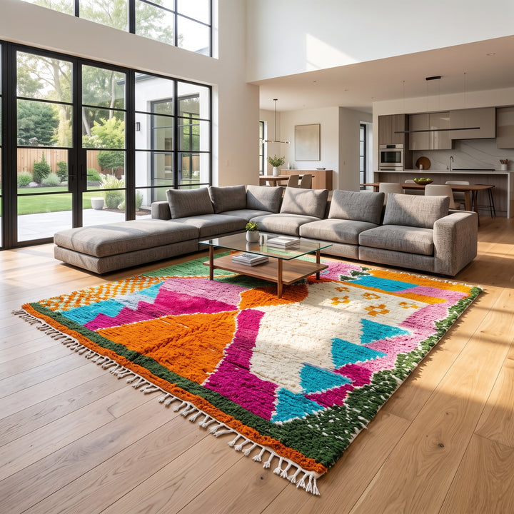 Handwoven multicolor Moroccan wool rug with orange, pink, green, and blue abstract geometric design
