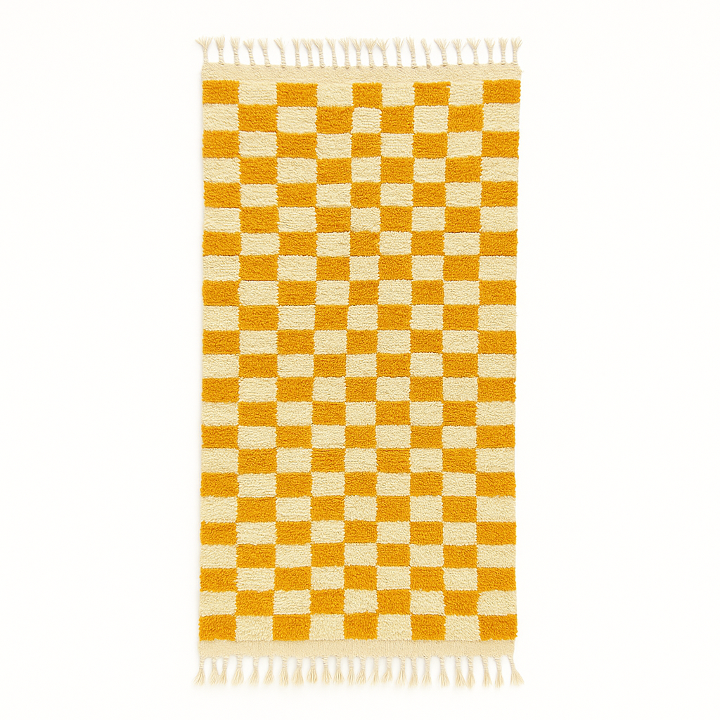 Handmade Moroccan runner rug with yellow and white checkerboard pattern crafted from natural wool.