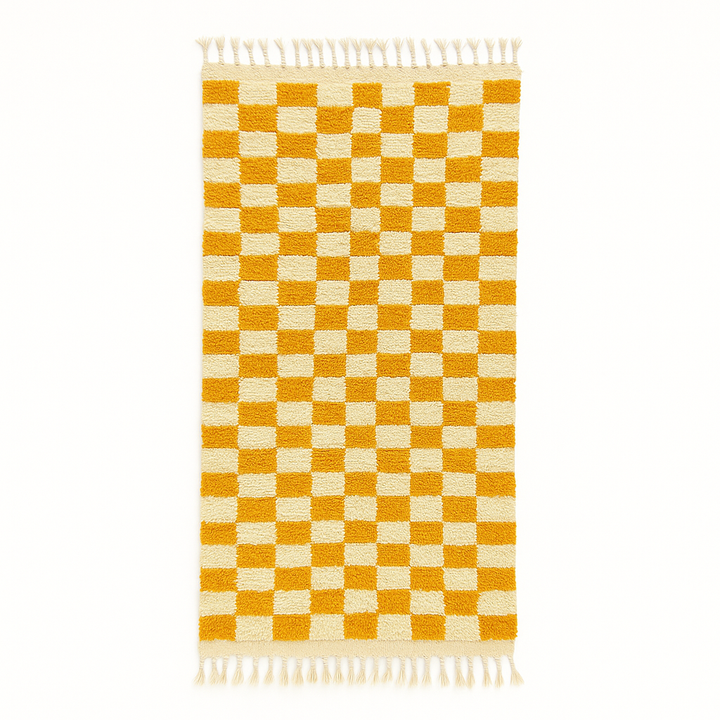 Handmade Moroccan runner rug with yellow and white checkerboard pattern crafted from natural wool.