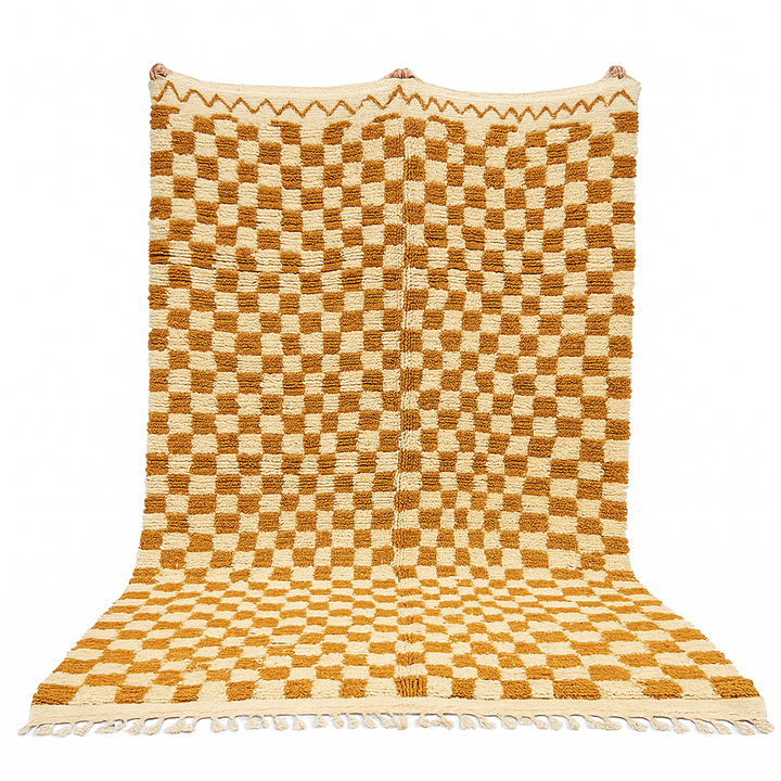 Mustard Checkered Moroccan Wool Rug – Handmade Berber Carpet