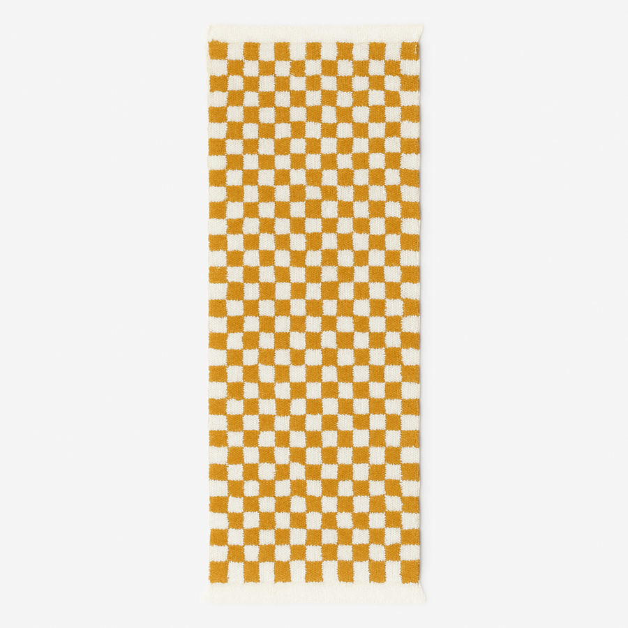 Handwoven mustard yellow and white checkered Moroccan wool runner rug.