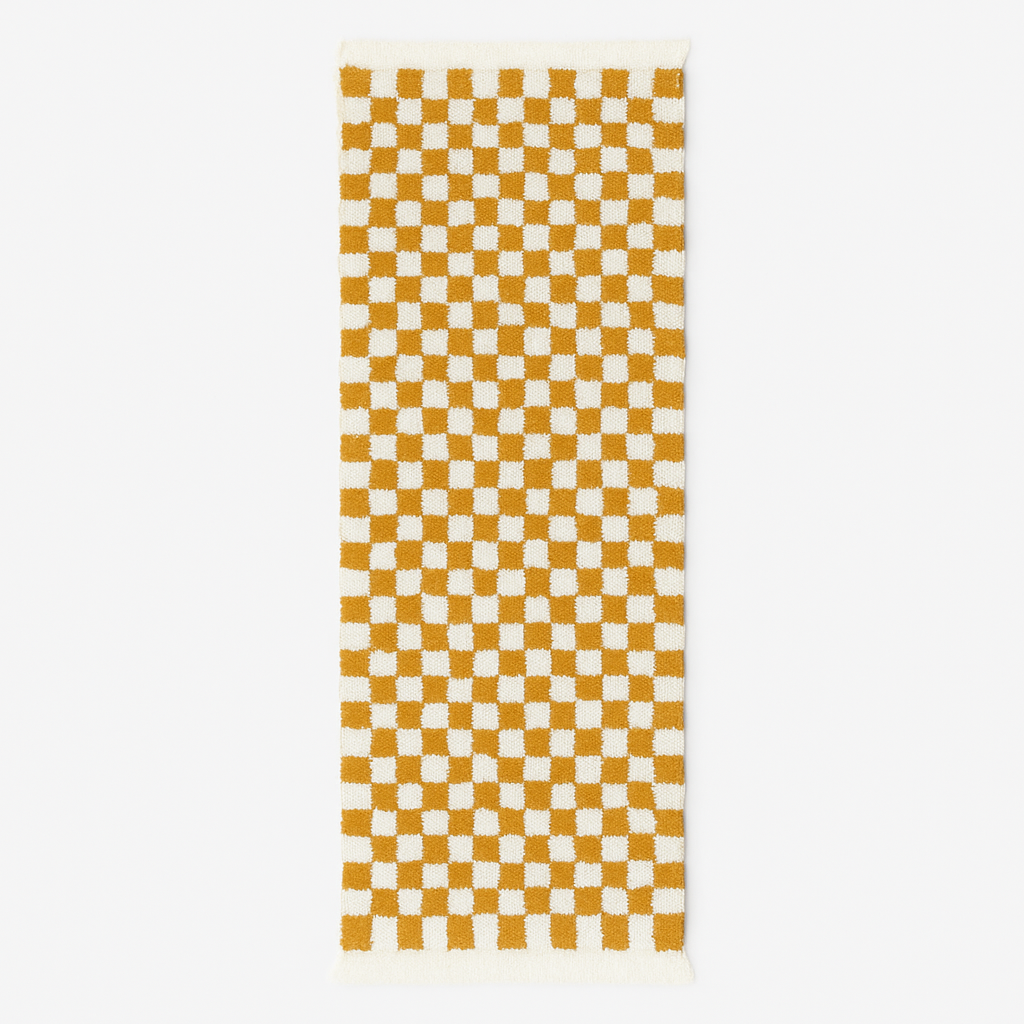 Handwoven mustard yellow and white checkered Moroccan wool runner rug.