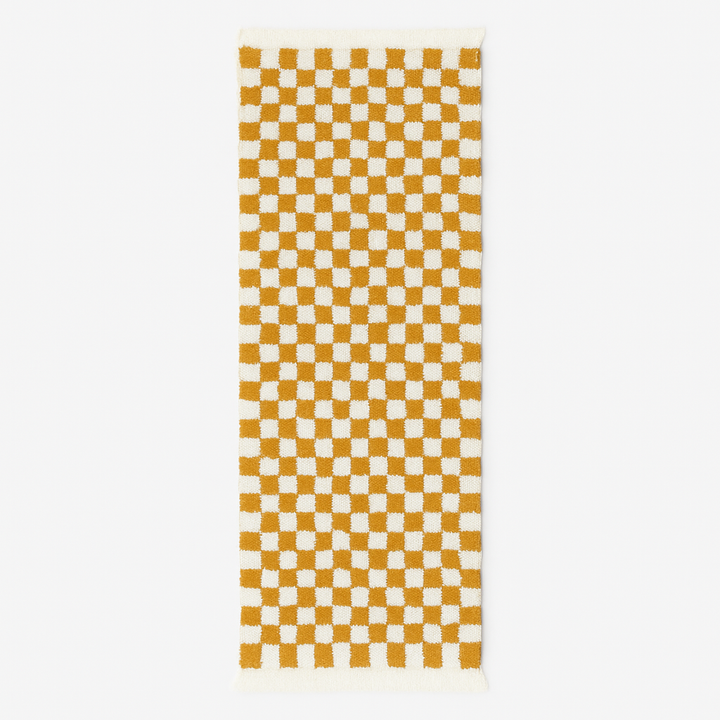 Handwoven mustard yellow and white checkered Moroccan wool runner rug.