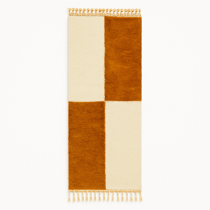 Mustard and white block pattern Moroccan wool runner rug