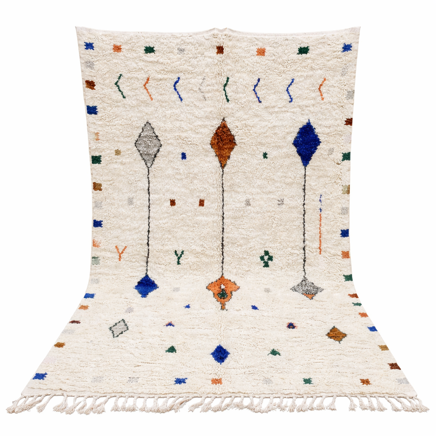 Natural white Moroccan Berber wool rug with symbolic diamond motifs