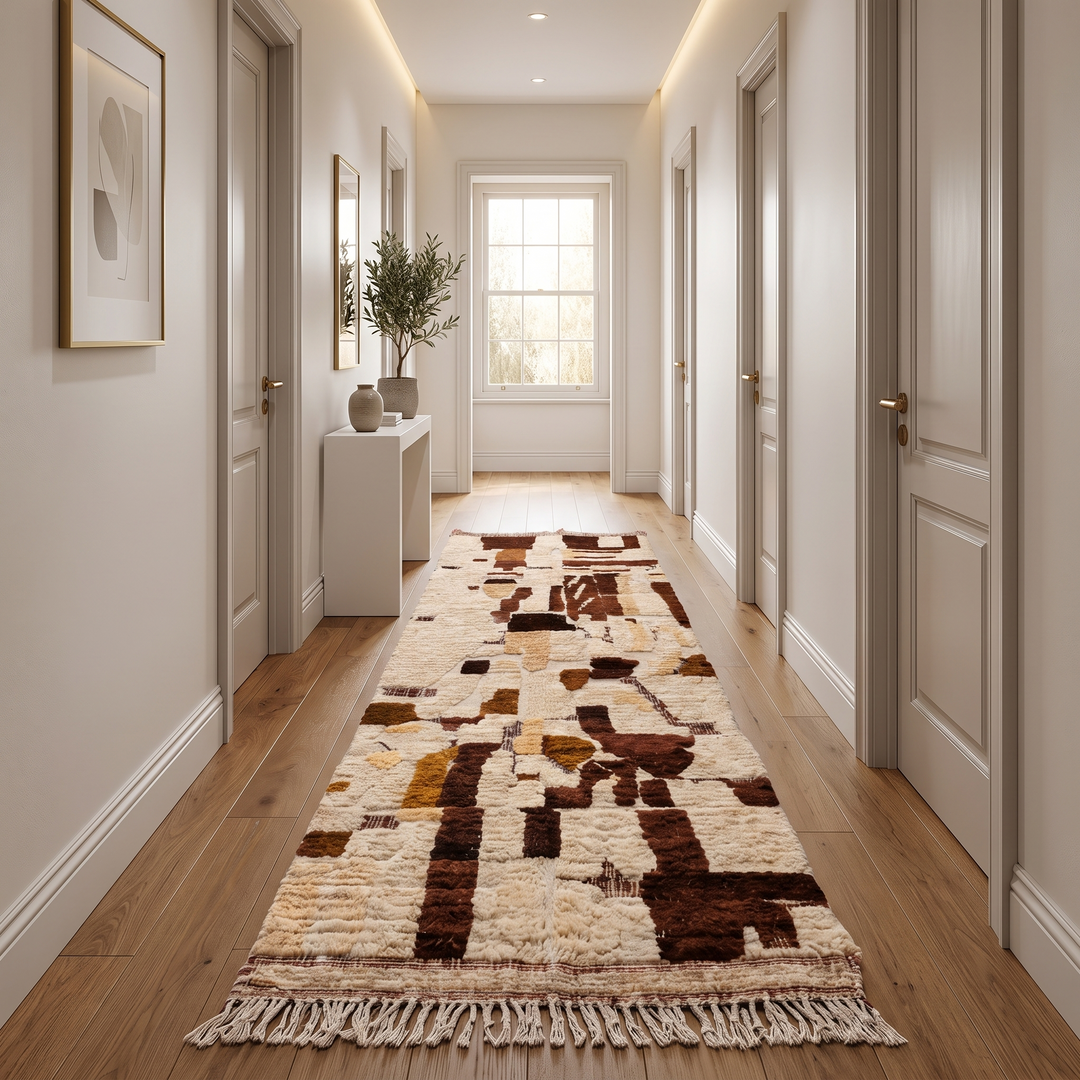Handwoven Moroccan wool runner rug with abstract white and brown earth-tone pattern